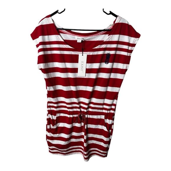 Exist Striped Nautical Drawstring Dress Stretch Beach L NWT red white coverup - Picture 1 of 9